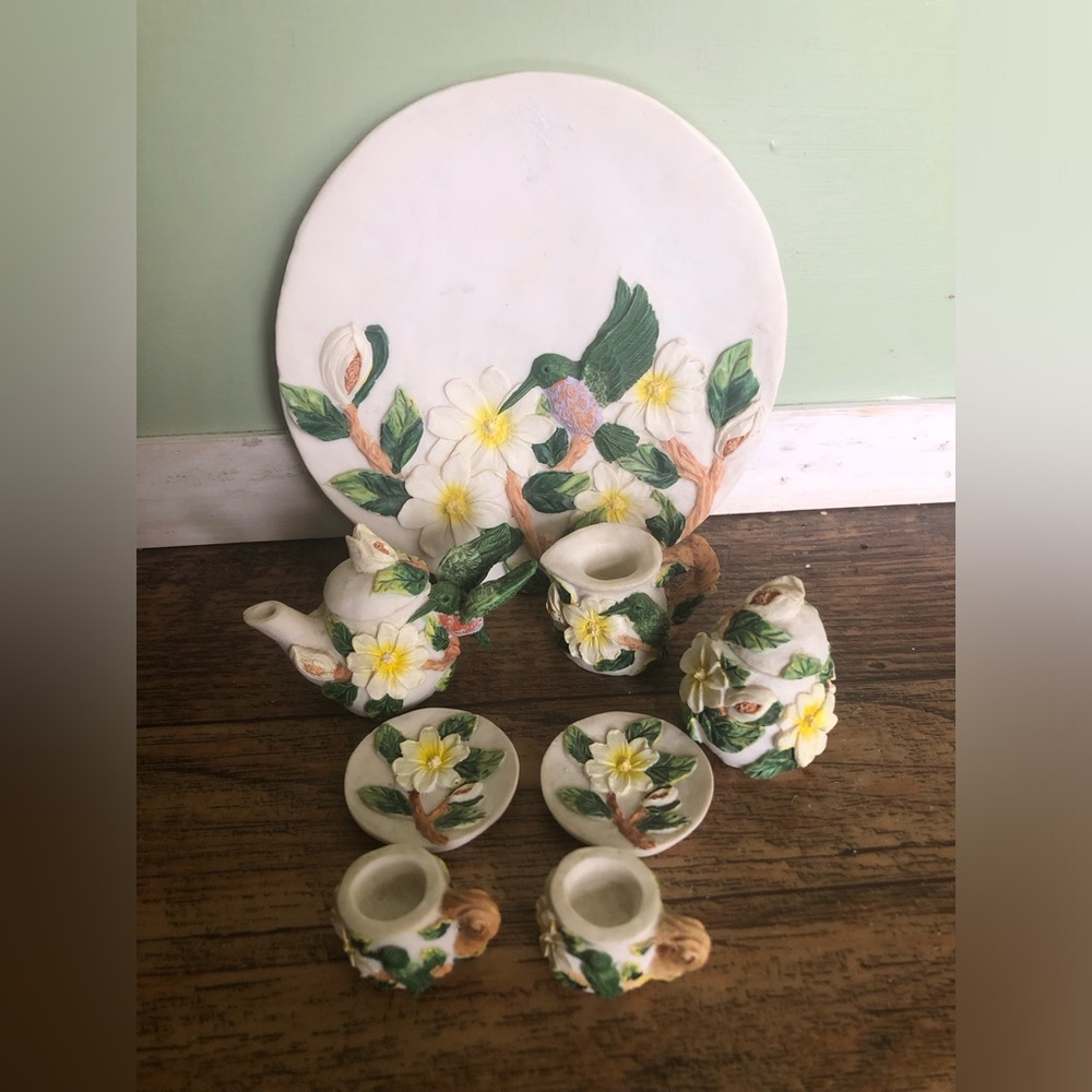 Young Inc. Hummingbird Tea Set Miniature Dollhouse, Whimsical Cottage Core